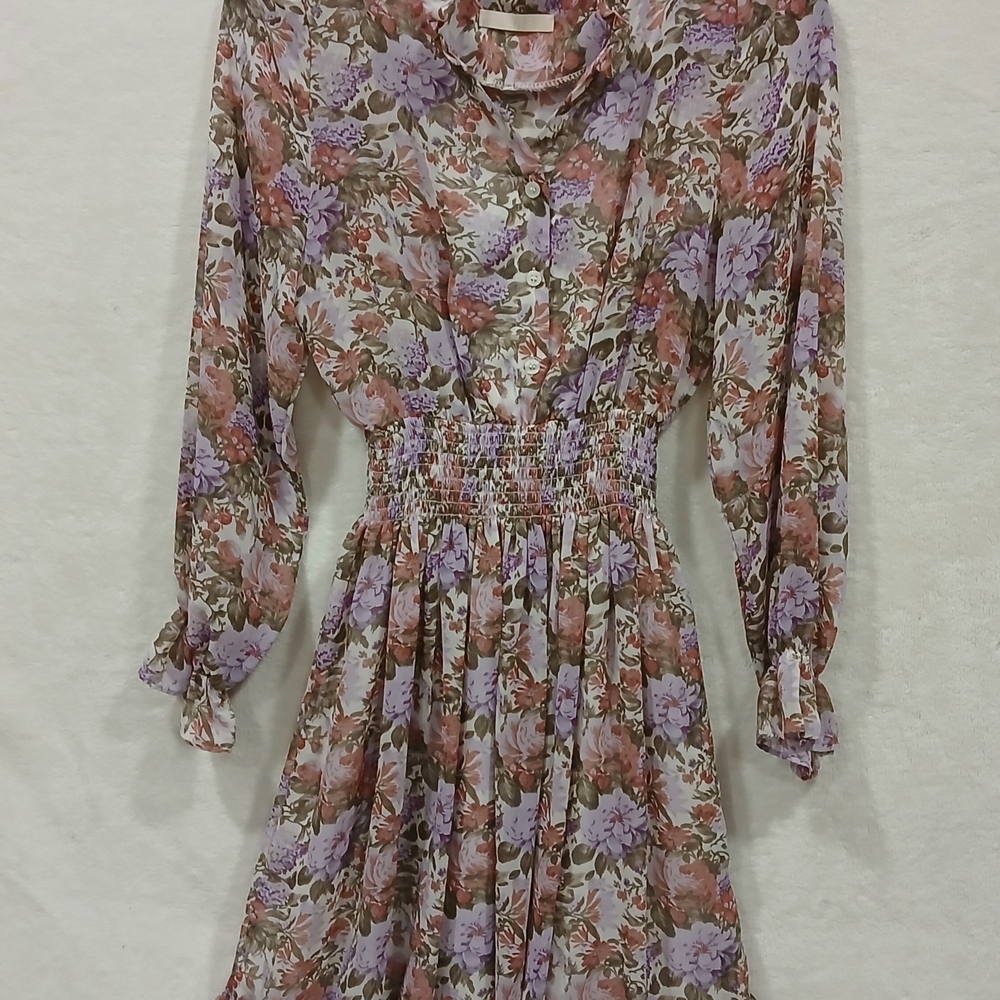 MICO Women's Small Mini Dress Long-Sleeve Floral Chiffon Ruffled-Collar Smocked